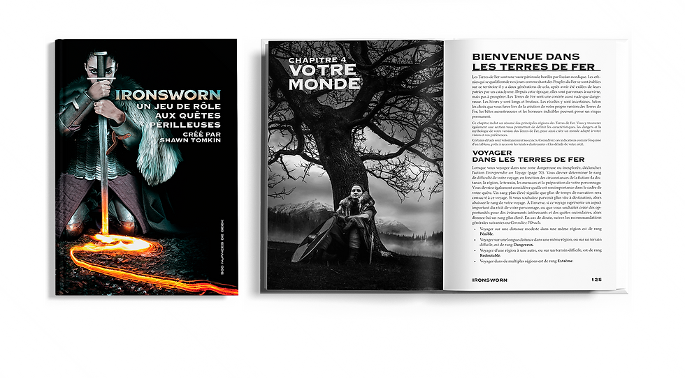 Livre de règles Ironsworn ouvert avec oracles et outils de jeu de rôle solo, ambiance immersive.