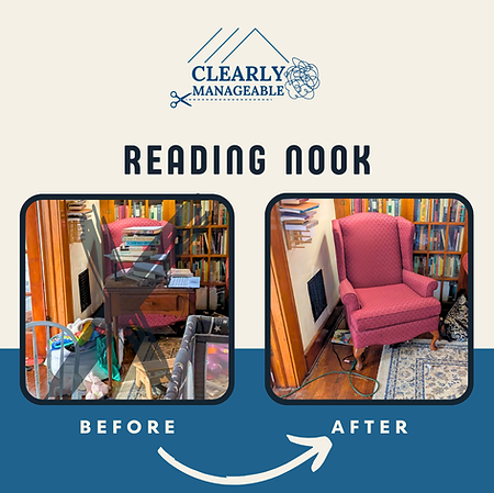 The corner is dominated by a sewing table stacked high with books and a basket on the floor overflowing with blankets before. After, the table and basket are gone and there is a welcoming chair in front of a bookshelf.