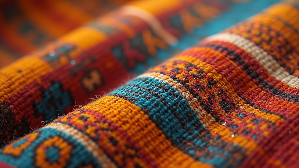 Close-up view of handwoven African textile with vibrant patterns