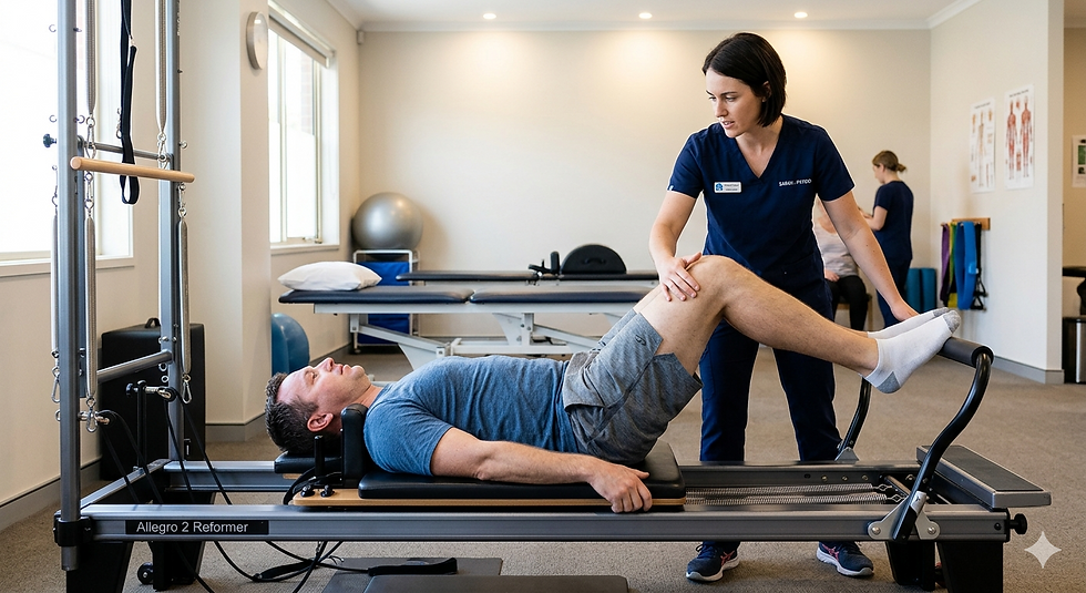 Physiotherapist guiding a client through reformer Pilates for postural pain management