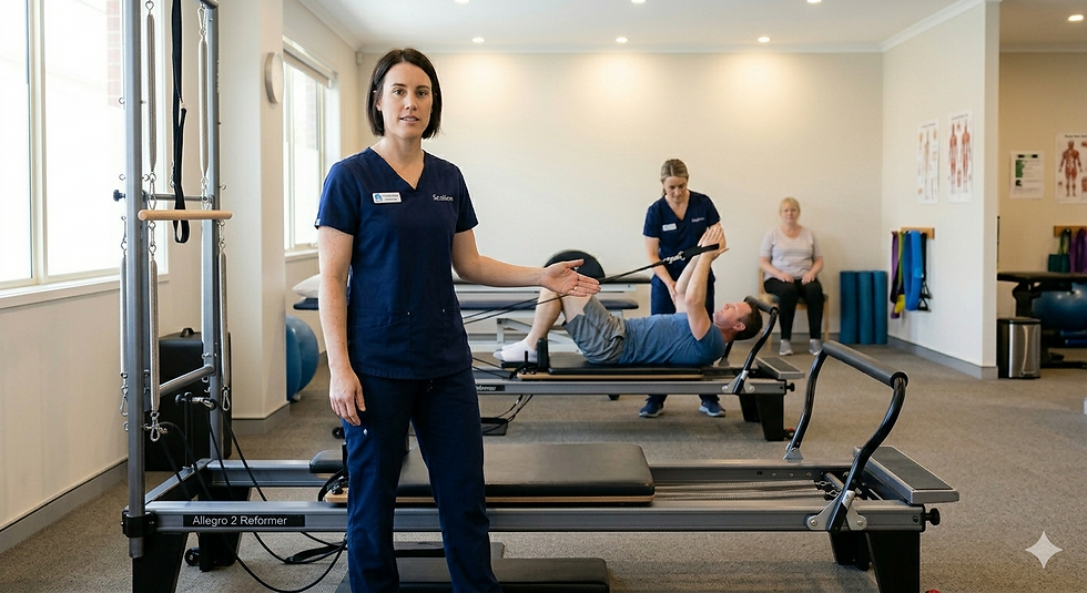 An instructor standing in a clinical Pilates studio with a reformer visible in the background. Professional and educational in tone. Not an influencer style image.