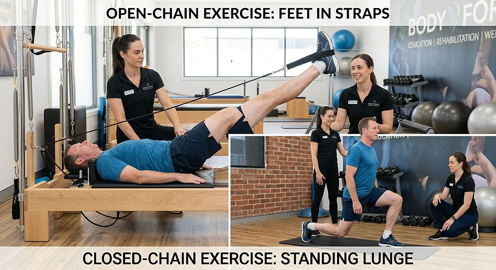 Open-chain and closed-chain Pilates exercise examples on the Reformer.