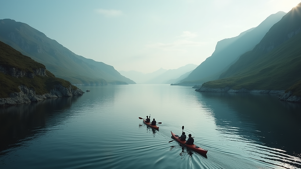 High angle view of a small group kayaking on a serene Irish fjord