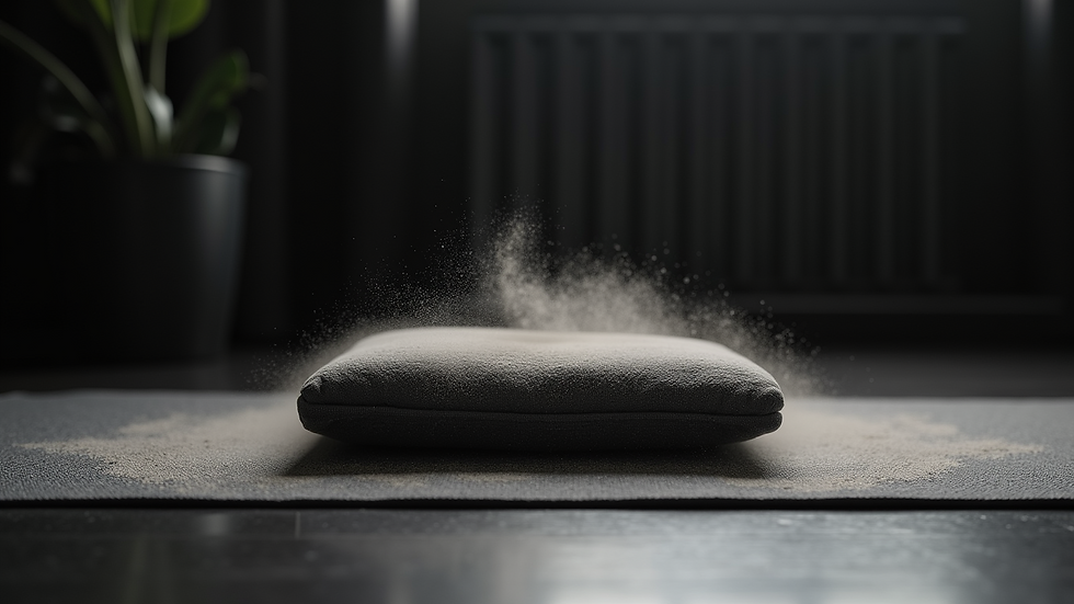 Close-up view of yoga mat and meditation cushion in a calm home setting