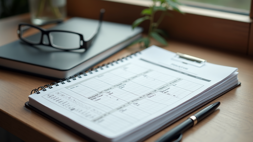 High angle view of a fitness journal and workout schedule on a table