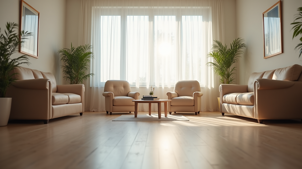 Eye-level view of a calm therapy room with comfortable chairs