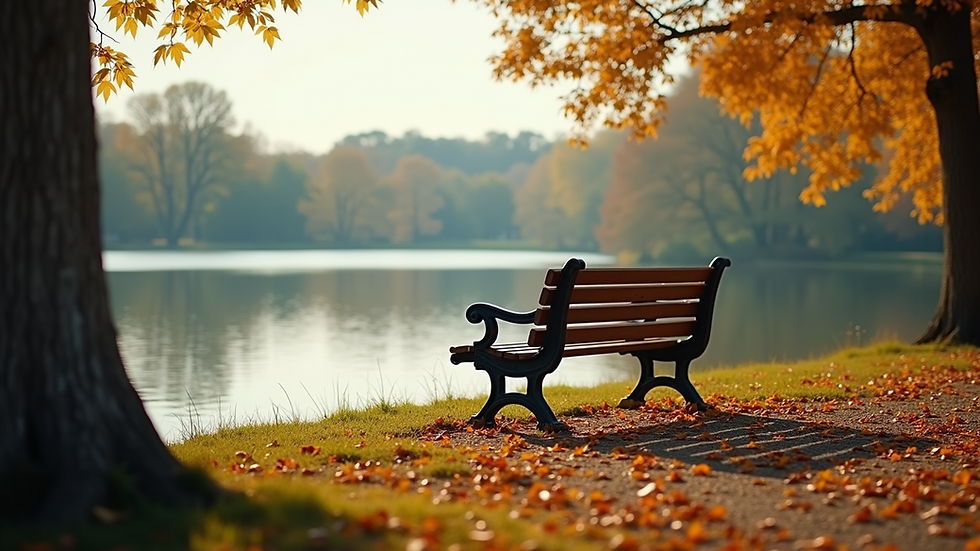 Eye-level view of a serene park bench beside a calm lake