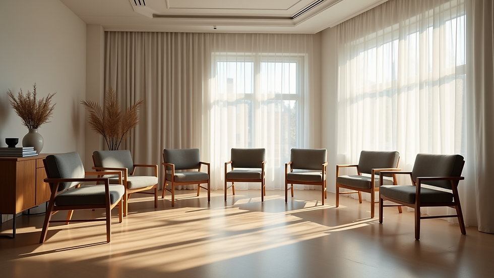 High angle view of a therapy room with chairs arranged in a circle