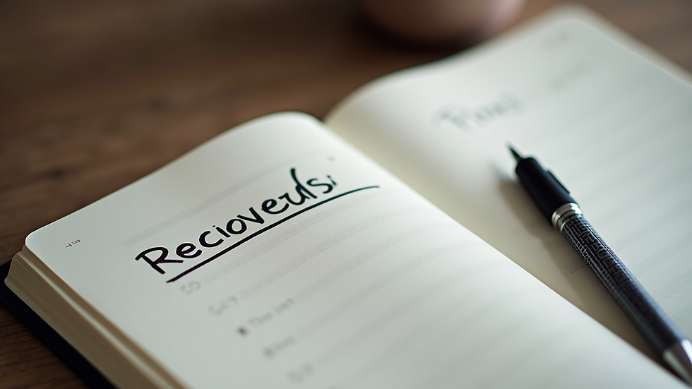Close-up view of a notebook with recovery goals and a pen