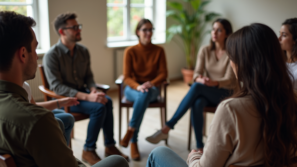 High angle view of a group meeting in a circle for support and discussion
