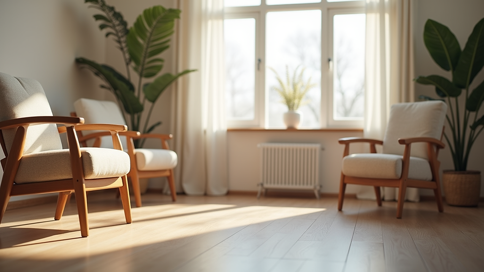 Eye-level view of a calm therapy room with comfortable chairs and soft lighting