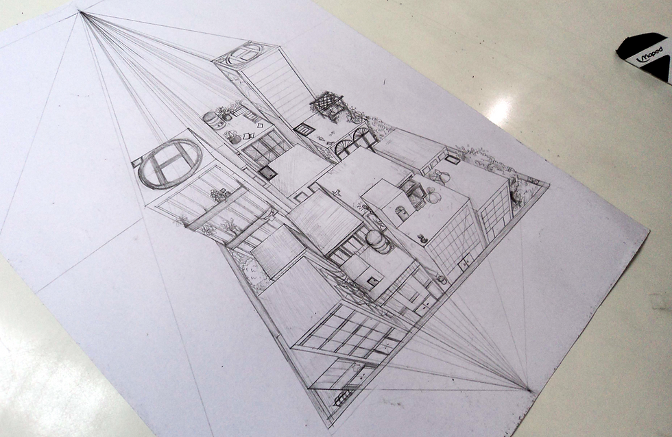 Cidade em perspectiva desenhada em aula.