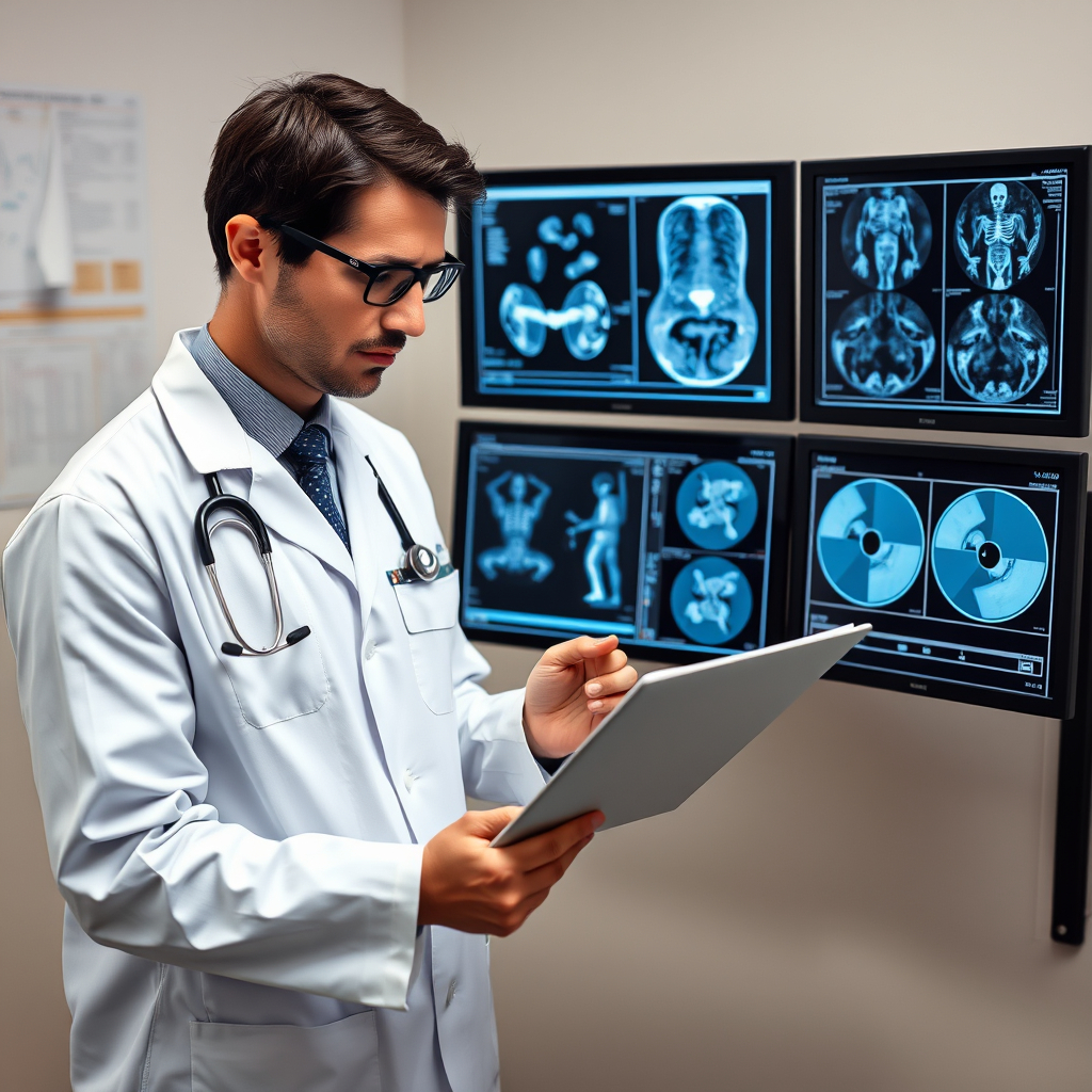 Physician reviewing patient chart and diagnostic images, realistic healthcare environment,