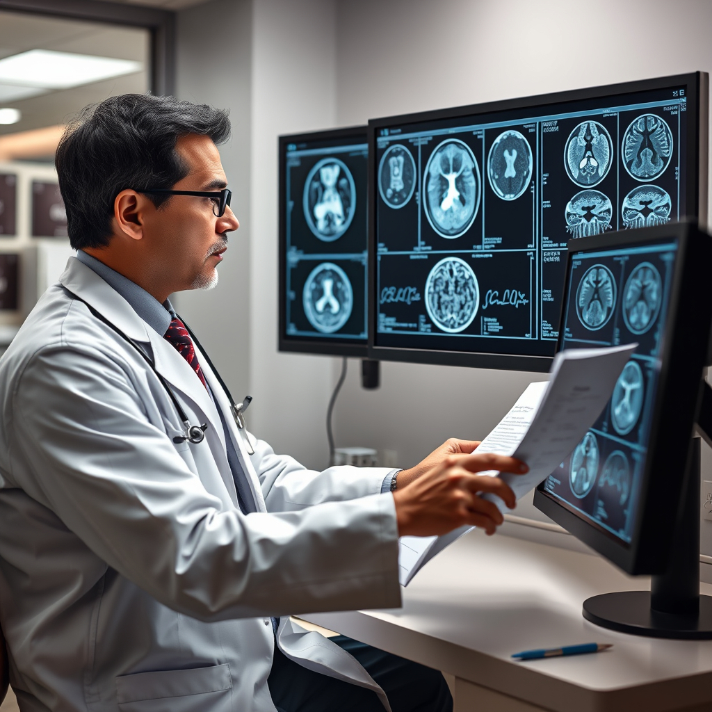 Doctor reviewing MRI scans and medical records, diagnostic medicine, realistic hospital se