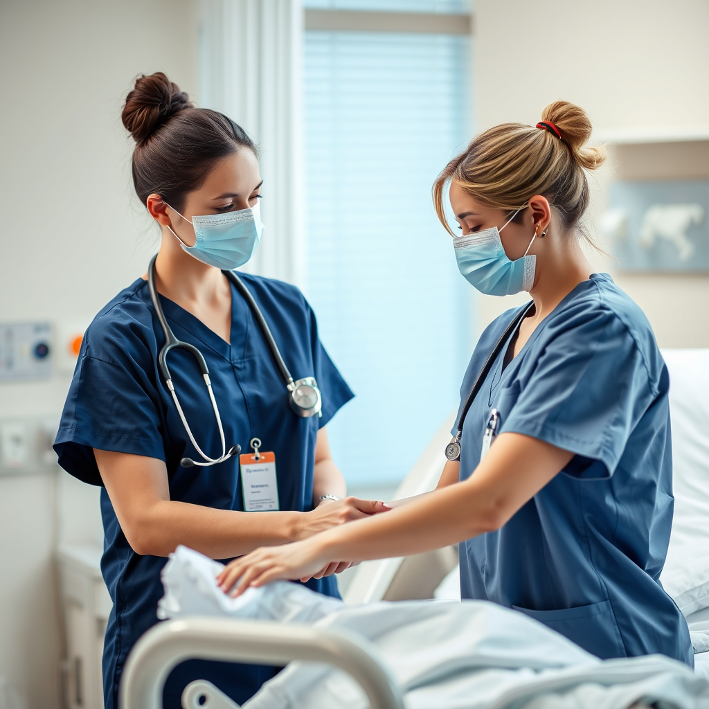 A meaning looking Professional registered nurse caring for patient in hospital room, reali