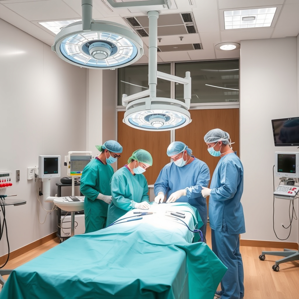 Modern operating room with surgical team preparing for surgery, realistic medical environm