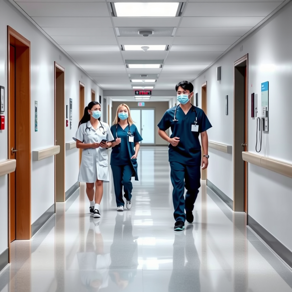 Modern hospital hallway with nurses and physicians, realistic healthcare environment, prof