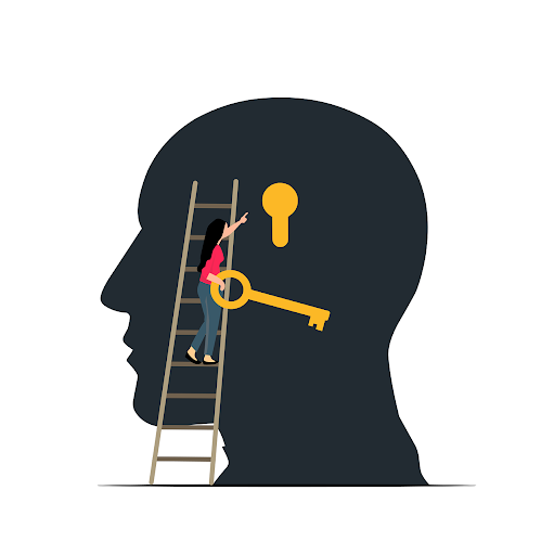 Unlocking the Mind - Girl climbing ladder with key to brain