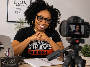 Stephanie of Nubirah.com filming a website update and blog planning session in her home studio while building her online platform and community.