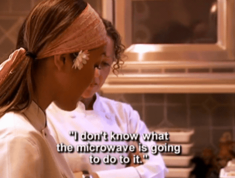 Candice Kumai questioning the microwave's effects on her dish in episode 4's elimination challenge