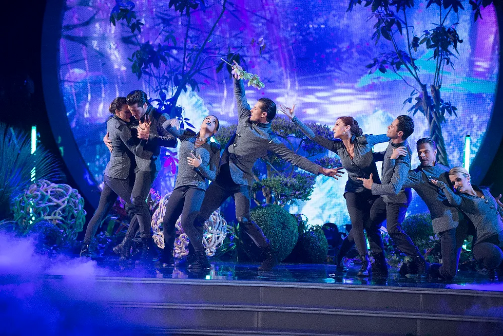 Jana Kramer, Valentin Chmerkovskiy, Laurie Hernandez, Gleb Savchenko, Marilu Henner, Sasha Farber, Derek Hough, and Terra Jolé on Dancing with the Stars