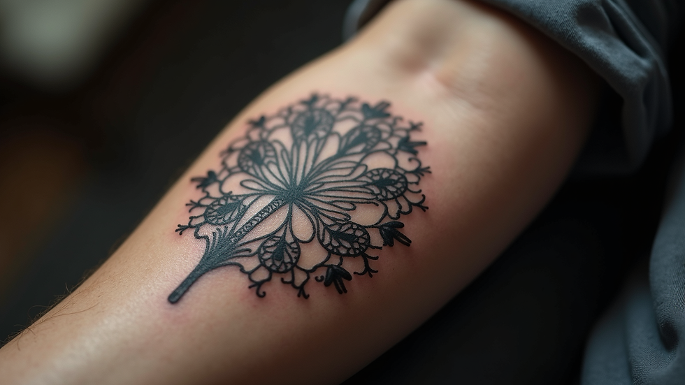 High angle view of a healed meaningful tattoo on forearm