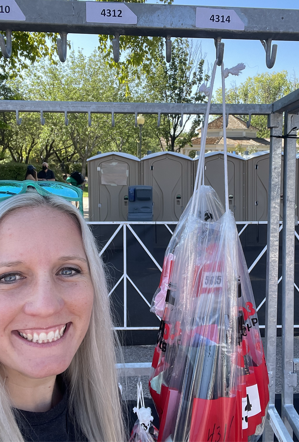 Me with my run bag hanging up at the second transition site