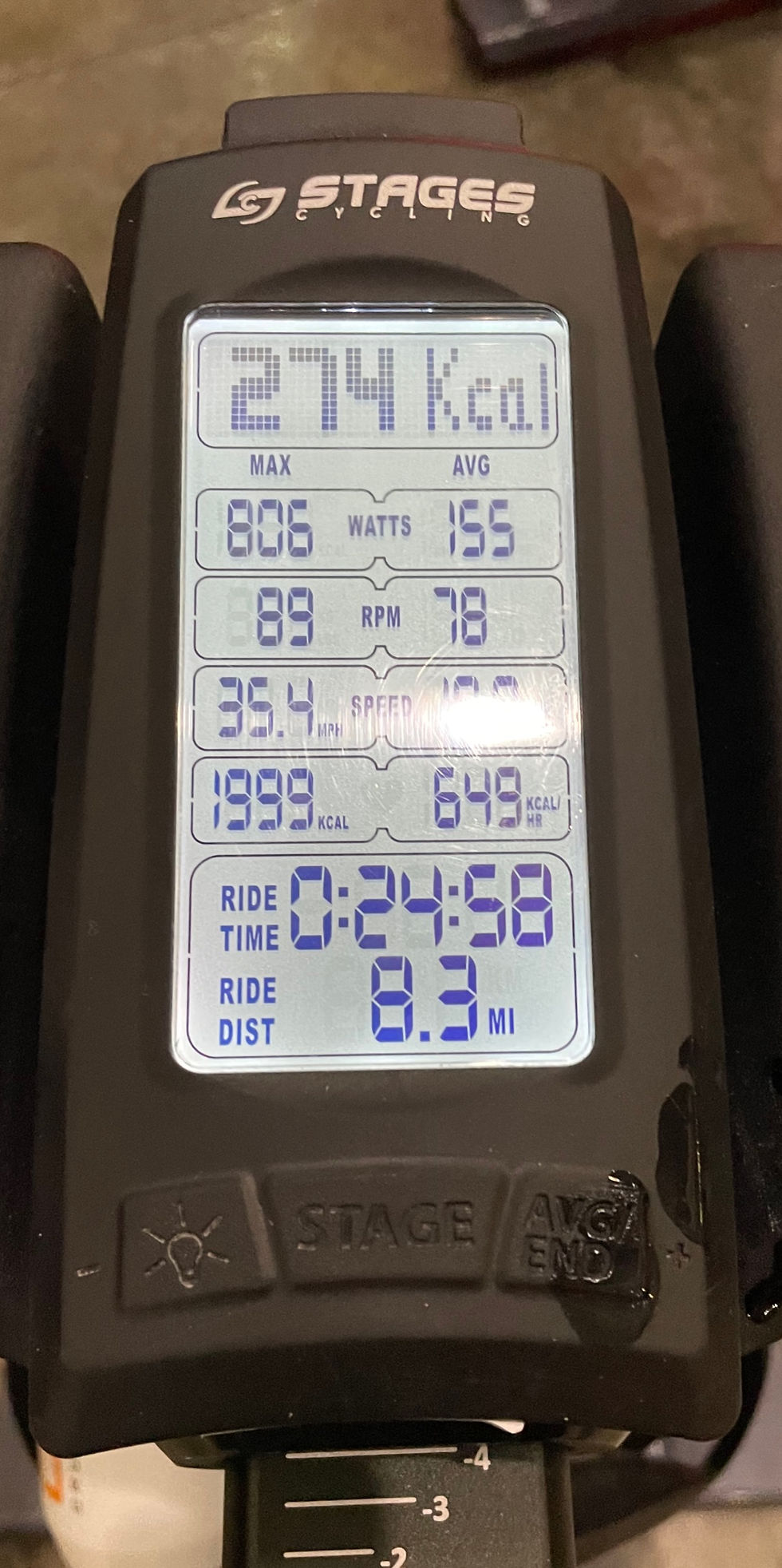 A picture of my bike computer after I had completed the bike. It says 24 min 58 seconds of biking, 8.3 miles, 155 avg watts.