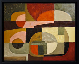 Peinture abstraite géométrique de Sophie Dumont composée de formes circulaires et architecturées dans des tons ocre, rouge profond, noir et gris, réalisée à l’huile sur toile et encadrée en noir.