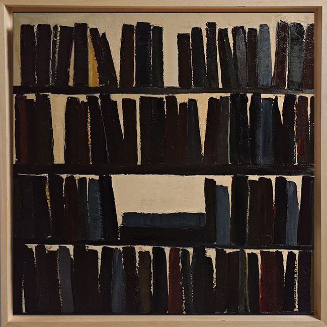Thumbnail: "L'absence écrite" encadrée en bois clair. Bibliotheque abstraite marron, grise et noire
