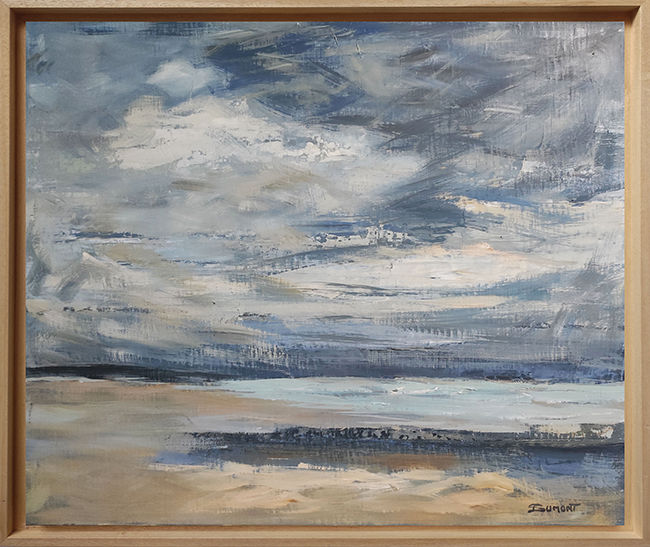 Thumbnail: "La côte fleurie" encadré avec une caisse americaine en bois naturel,  bord de mer en Normandie  à l'huile sur toile