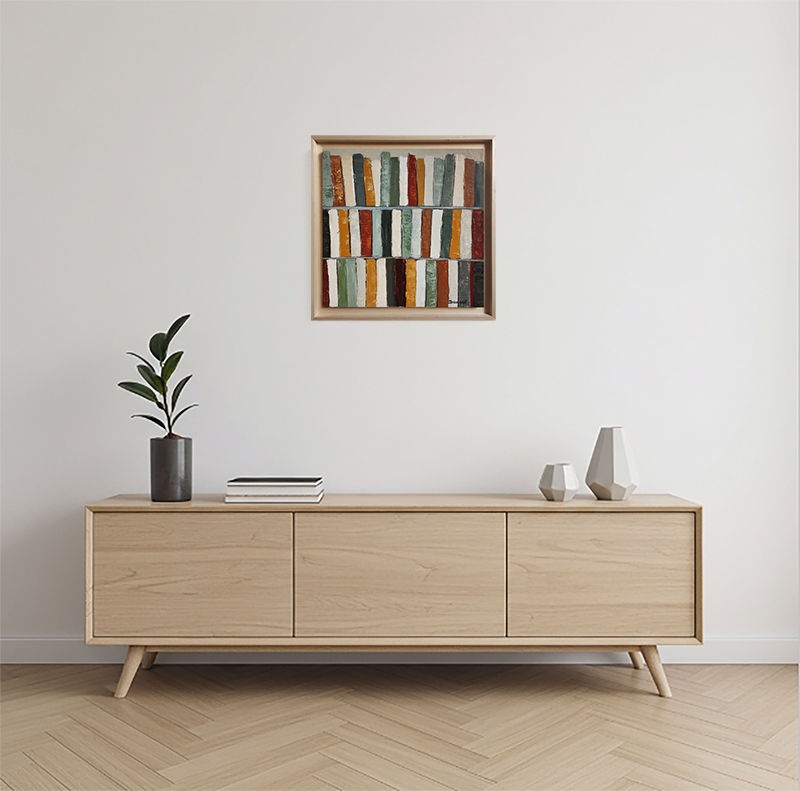 Miniature : "Tendance" in situ, tableau d'une bibliotheque abstraite dans les teintes ocres et bronze de Sophie Dumont