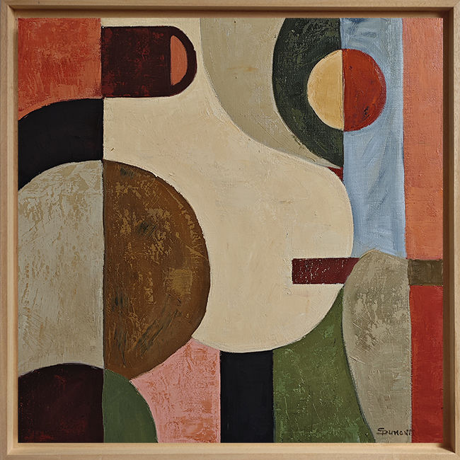 Miniature : Genèse avec cadre bois, peinture abstraite géométrique contemporaine de Sophie Dumont