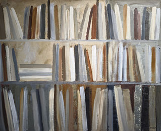 peintire d'une bibliotheque stylisée dans les tons beige de Sophie Dumont