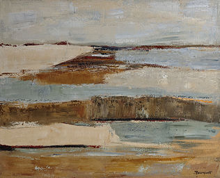 Paysage abstrait contemporain de Sophie Dumont représentant une avancée de terre entre deux étendues d'eau, dans des tons de bleu grisé, ocre et blanc, huile sur toile 50 x 61 cm.