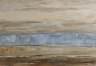 Paysage de bord de mer dans les teintes beige et bleu à l'huile sur toile de Sophie Dumont