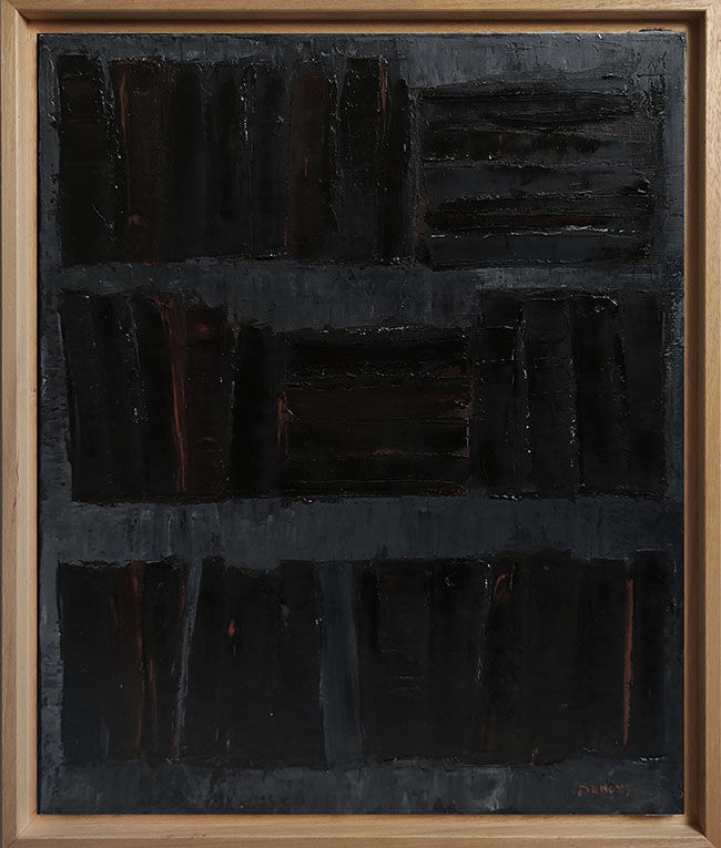 "Spectrum" encadré en bois naturel, tableau noir abstrait de Sophie Dumont sur les bibliotheques