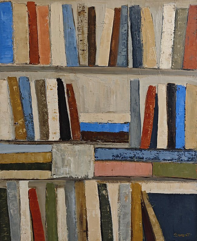Thumbnail: Inspiration, Bibliothèque abstraite contemporaine de Sophie Dumont, huile sur toile représentant des livres stylisés