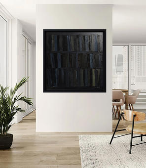 Abstract painting depicting a library structured into six compartments, filled with stylized books with vertical edges. Palette of blue-gray, off-white, brown, black, khaki green, and orange. Square work framed in light wood, neutral background.