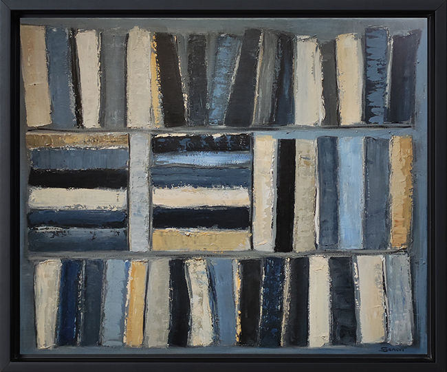 "Les livres gris" tableau de livres abstraits de Sophie Dumont avec cadre noir