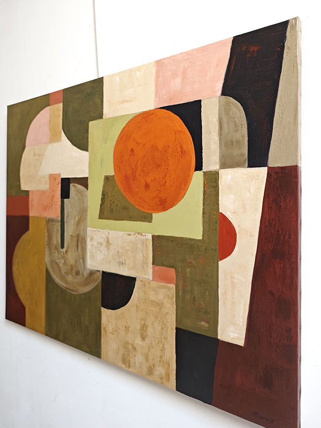Miniature : Formes en suspens est une huile sur toile contemporaine de Sophie Dumont mêlant géométrie abstraite, matière et profondeur.