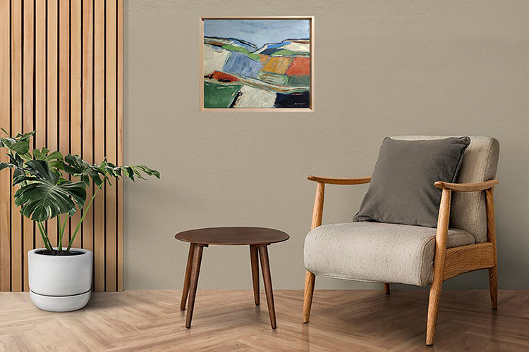 Miniature : Mise en situation du tableau "Agros",  paysage de campagne abstrait de Sophie Dumont encadré bois