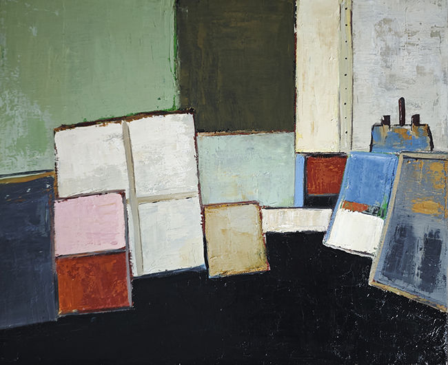 l'atelier en suspens, tableau abstrait geometrique de Sophie Dumont