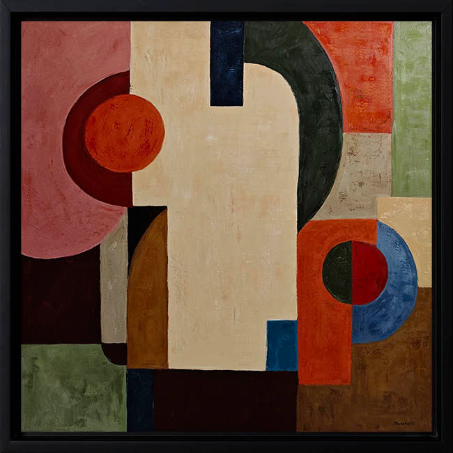 Miniature : Attraction avec cadre noir, peinture abstraite géométrique 100 × 100 cm de Sophie Dumont