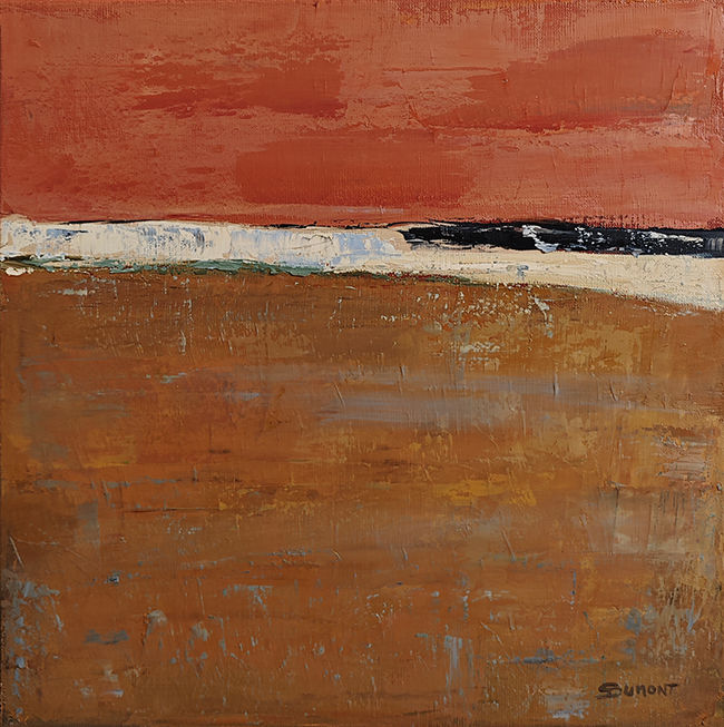 Lueur fauve, peinture abstraite contemporaine de Sophie Dumont, huile sur toile de 40 × 40 cm représentant un paysage épuré