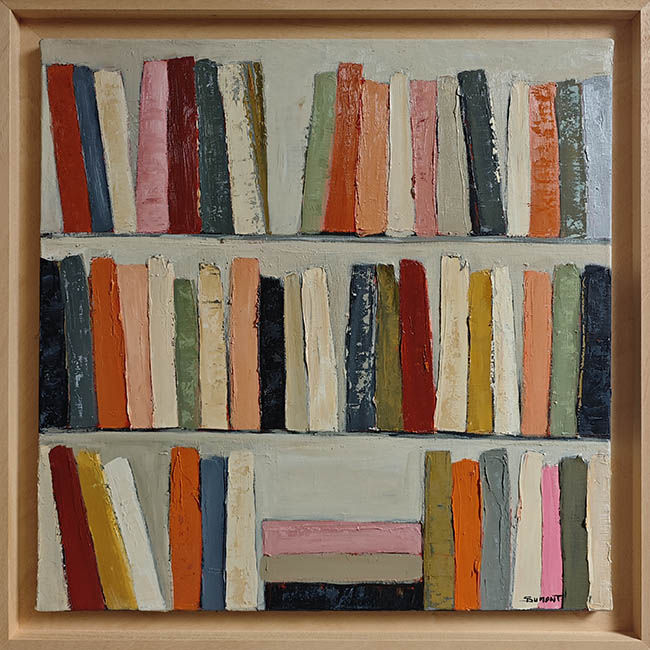 À demi-mot avec cadre bois de Sophie Dumont, peinture de livres, aux tons crème, rose, orange, vert et bleu profond