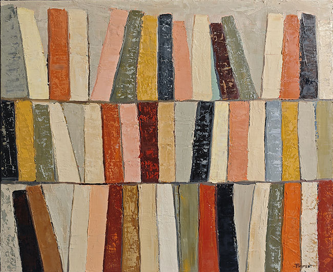 Miniature : Atelier des reliures, tableau d'une bibliotheque stylisée, colorée de Sophie Dumont