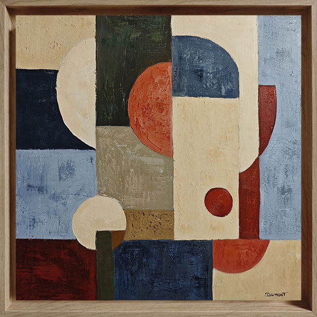 Interférence de Sophie Dumont : peinture abstraite géométrique à l’huile, 50 × 50 cm. Courbes, tons crème, gris bleutés