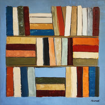 Peinture de Sophie Dumont, Polyphonie Chromatique, bibliothèque abstraite aux tons ocres, rouges, jaunes et bleus, réalisée au couteau sur toile 50 x 50 cm hors cadre