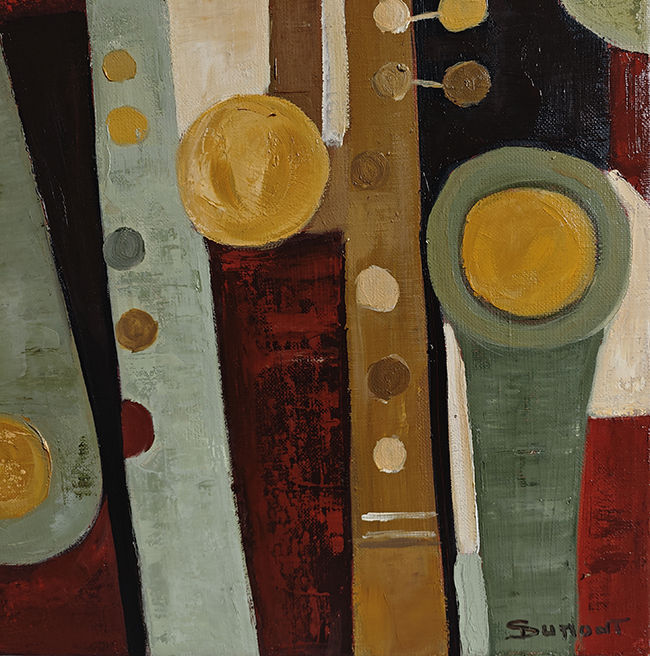 Thumbnail: Partition - toile géométrique de Sophie Dumont représentant une composition  de formes colorées vert sauge, ocre, blanc